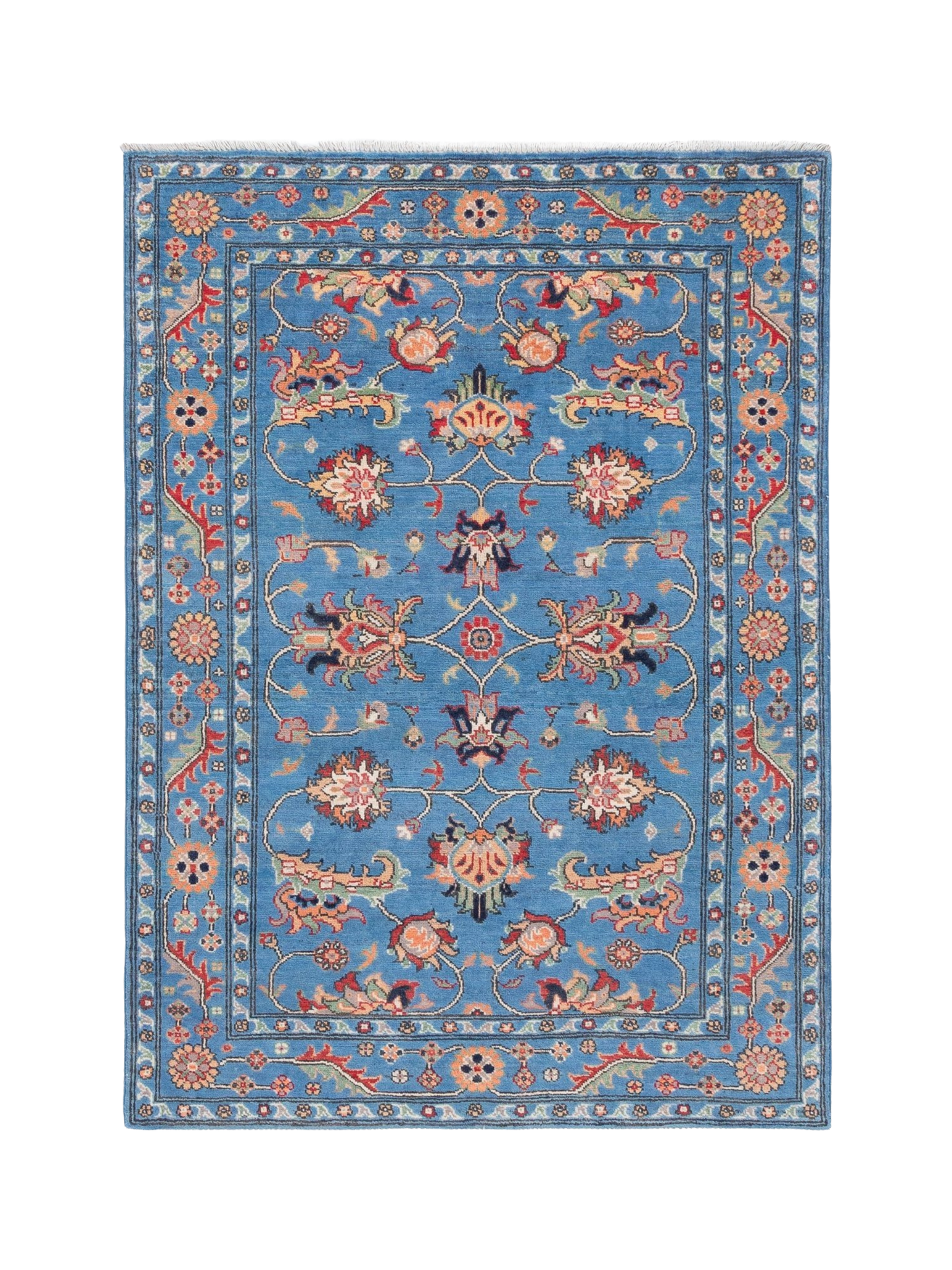 Full front view of blue & red Kazak-inspired wool rug 29649.