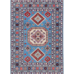 Full front view of blue & ivory Kazak-inspired wool rug 29650.