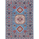 Full front view of blue & ivory Kazak-inspired wool rug 29650.