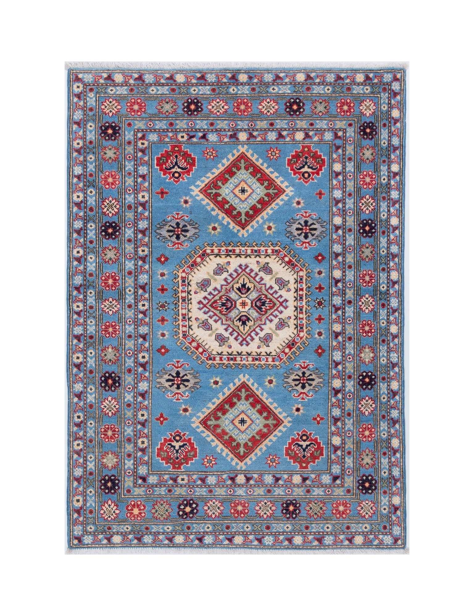 Full front view of blue & ivory Kazak-inspired wool rug 29650.