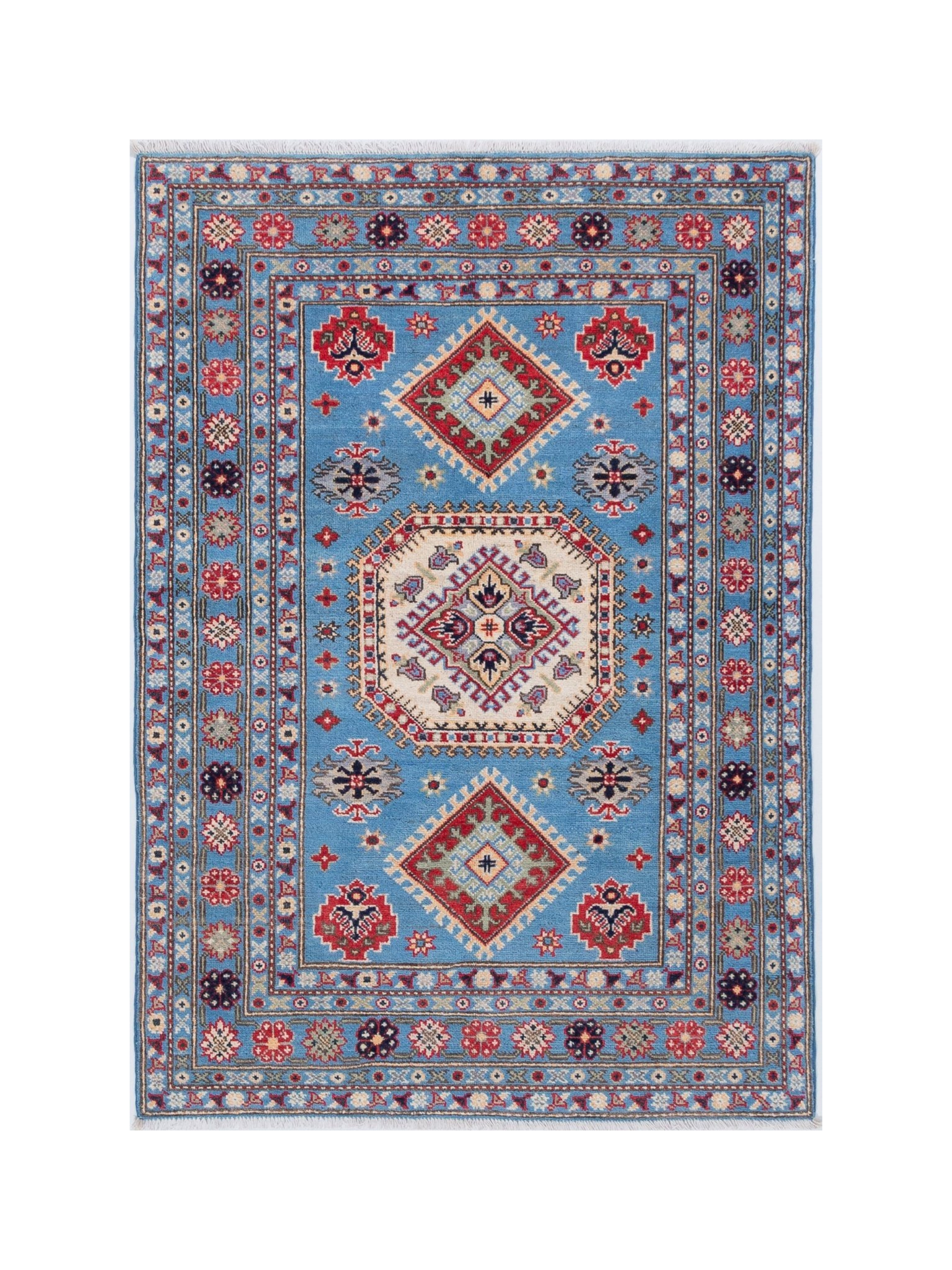 Full front view of blue & ivory Kazak-inspired wool rug 29650.