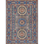 Full front view of blue & ivory Kazak-inspired wool rug 29651.