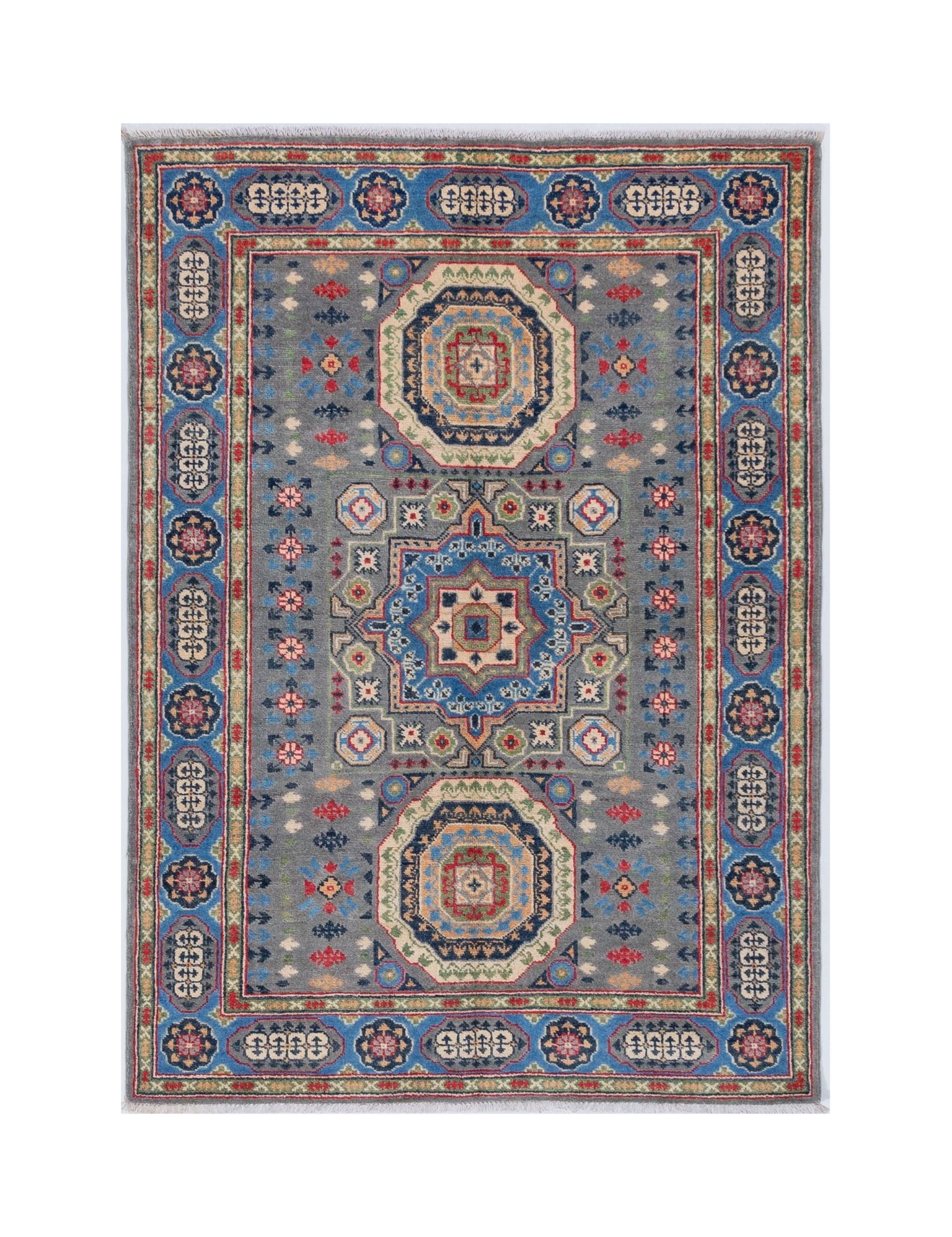 Full front view of blue & ivory Kazak-inspired wool rug 29651.