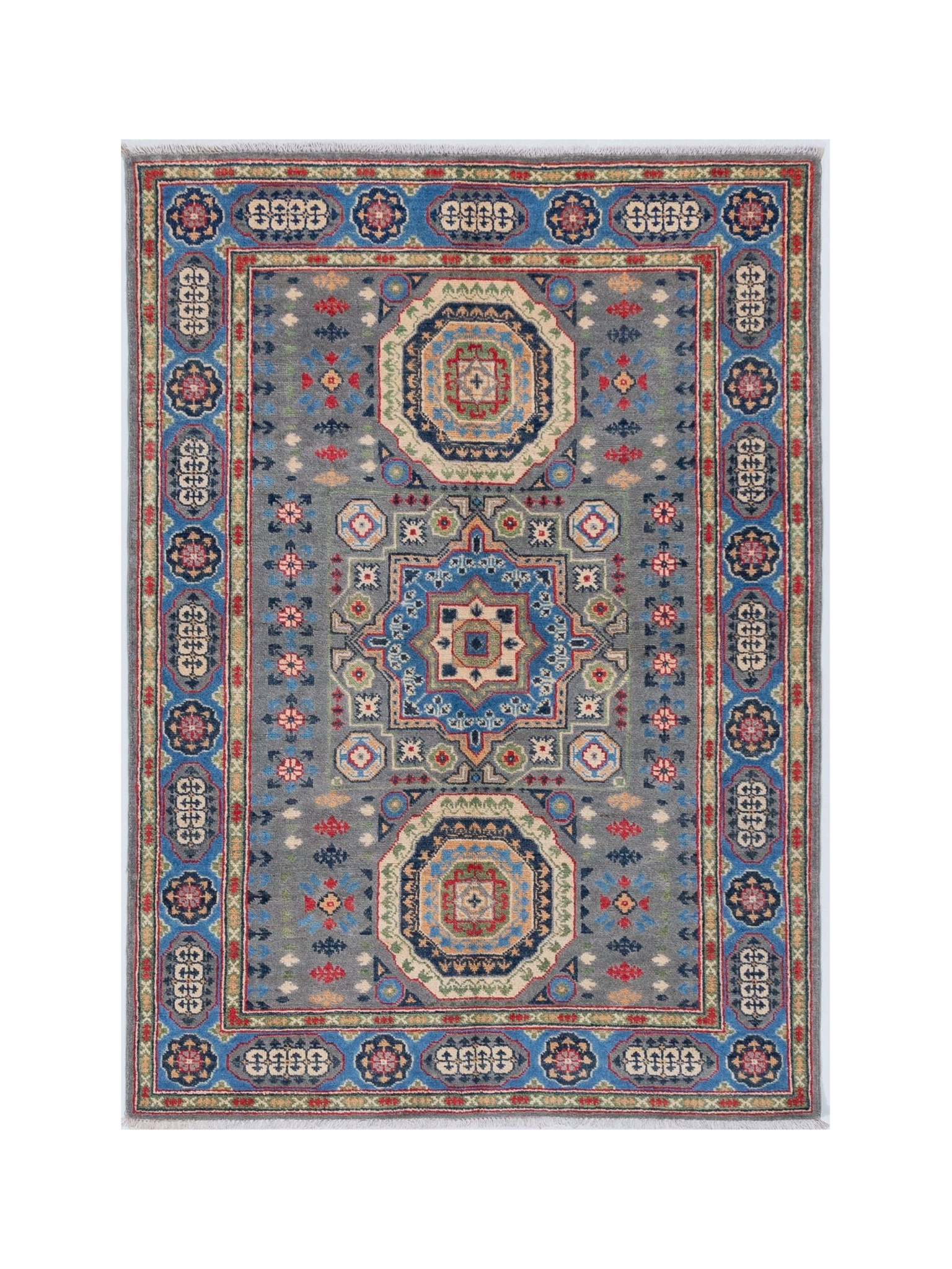 Full front view of blue & ivory Kazak-inspired wool rug 29651.
