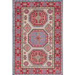 Full front view of ivory & red Kazak-inspired wool rug 29652.