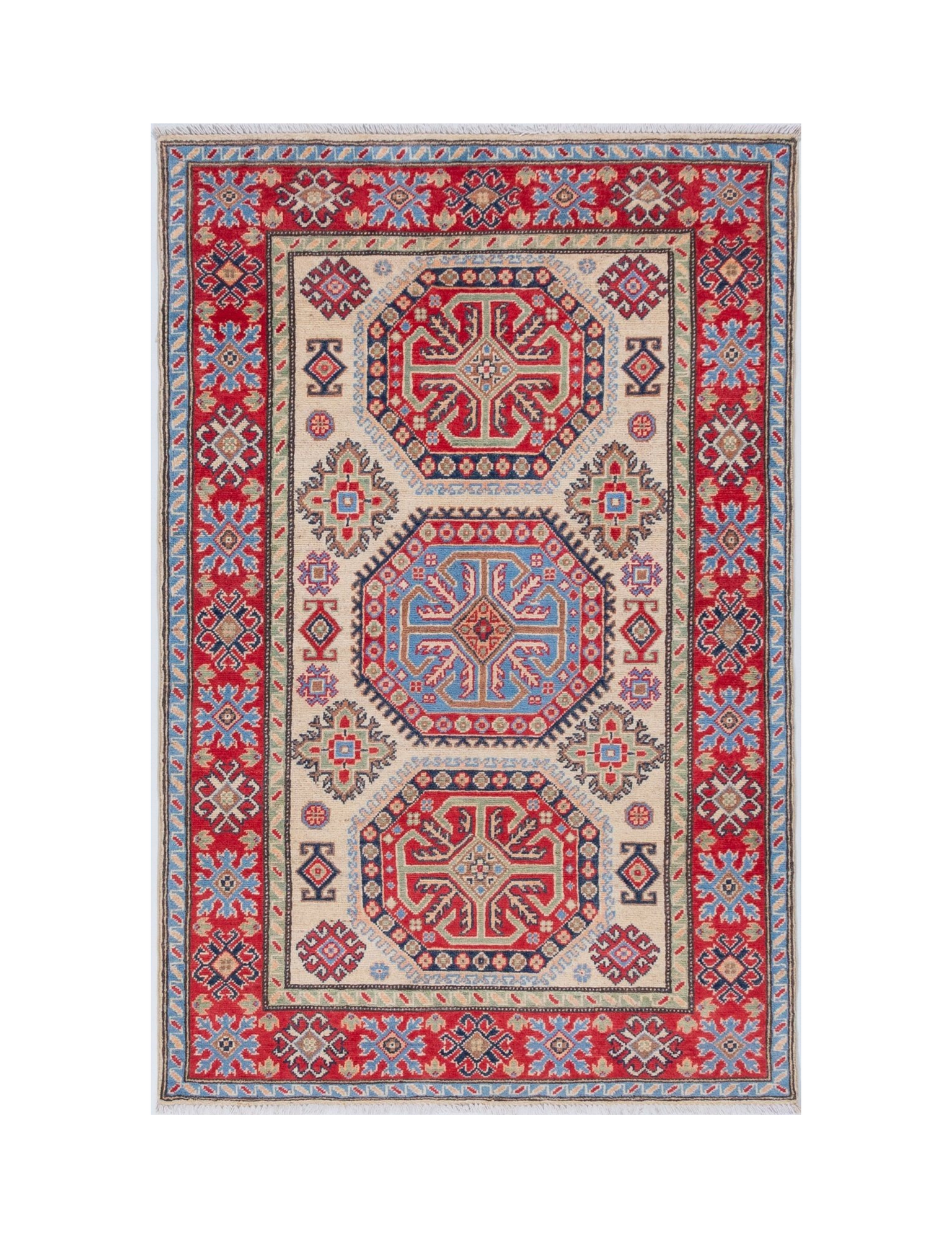 Full front view of ivory & red Kazak-inspired wool rug 29652.