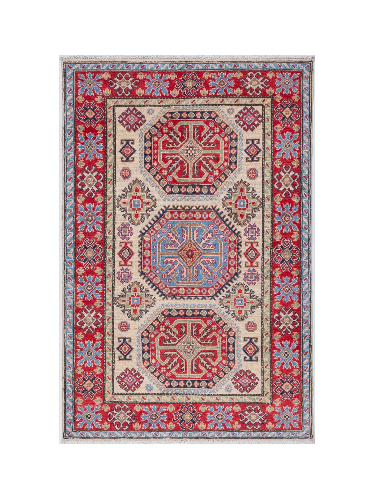 Full front view of ivory & red Kazak-inspired wool rug 29652.