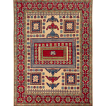Full front view of ivory & red Kazak-inspired wool rug 19311.
