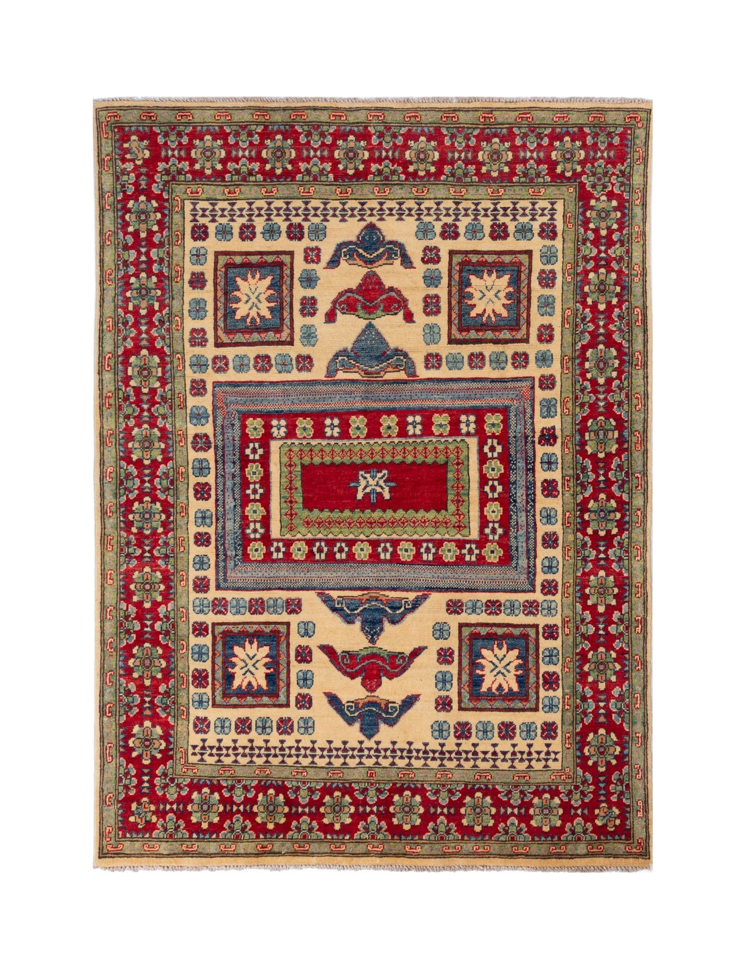 Full front view of ivory & red Kazak-inspired wool rug 19311.