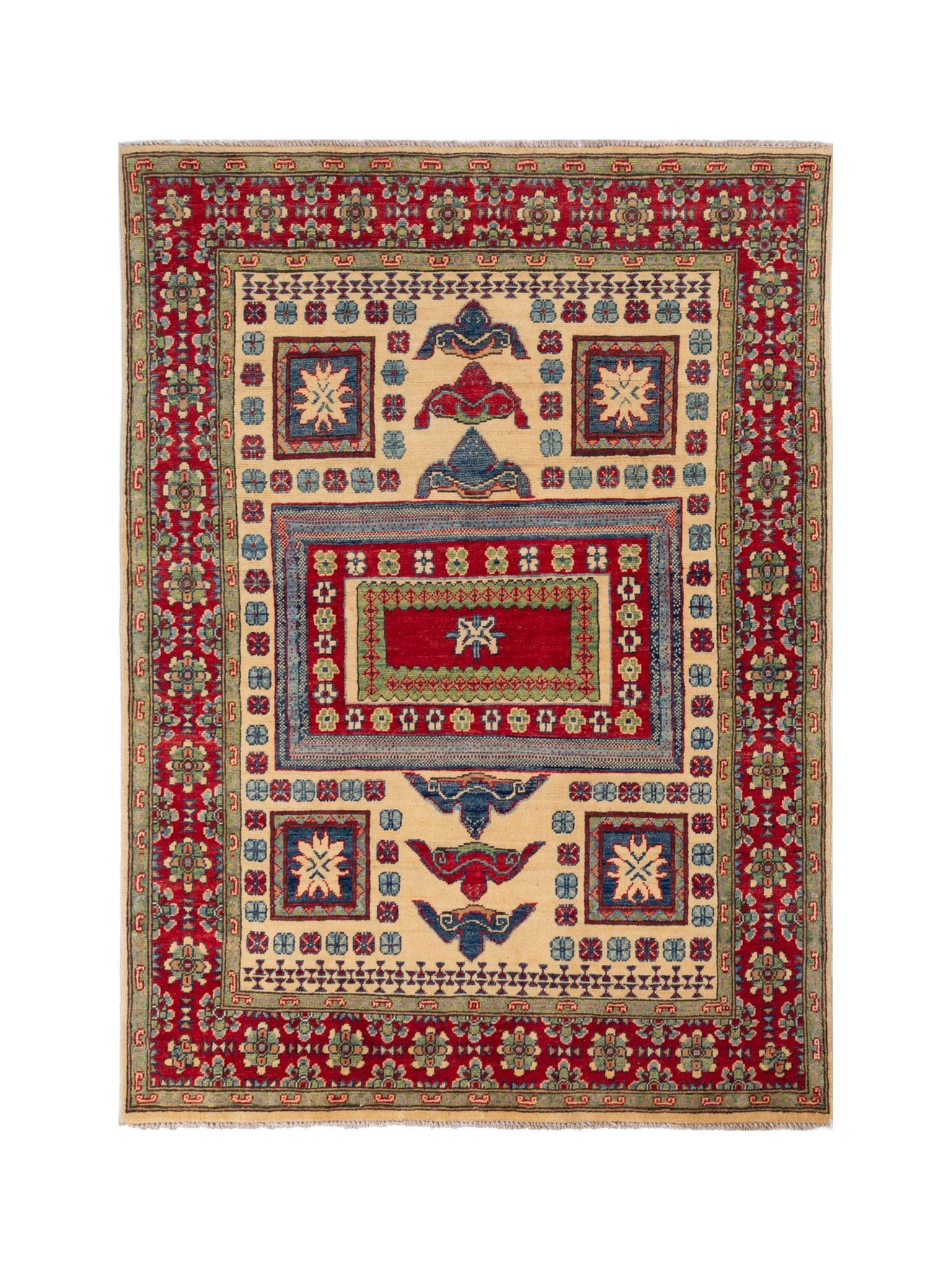 Full front view of ivory & red Kazak-inspired wool rug 19311.