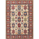 Full front view of ivory & blue Kazak-inspired wool rug 19419.