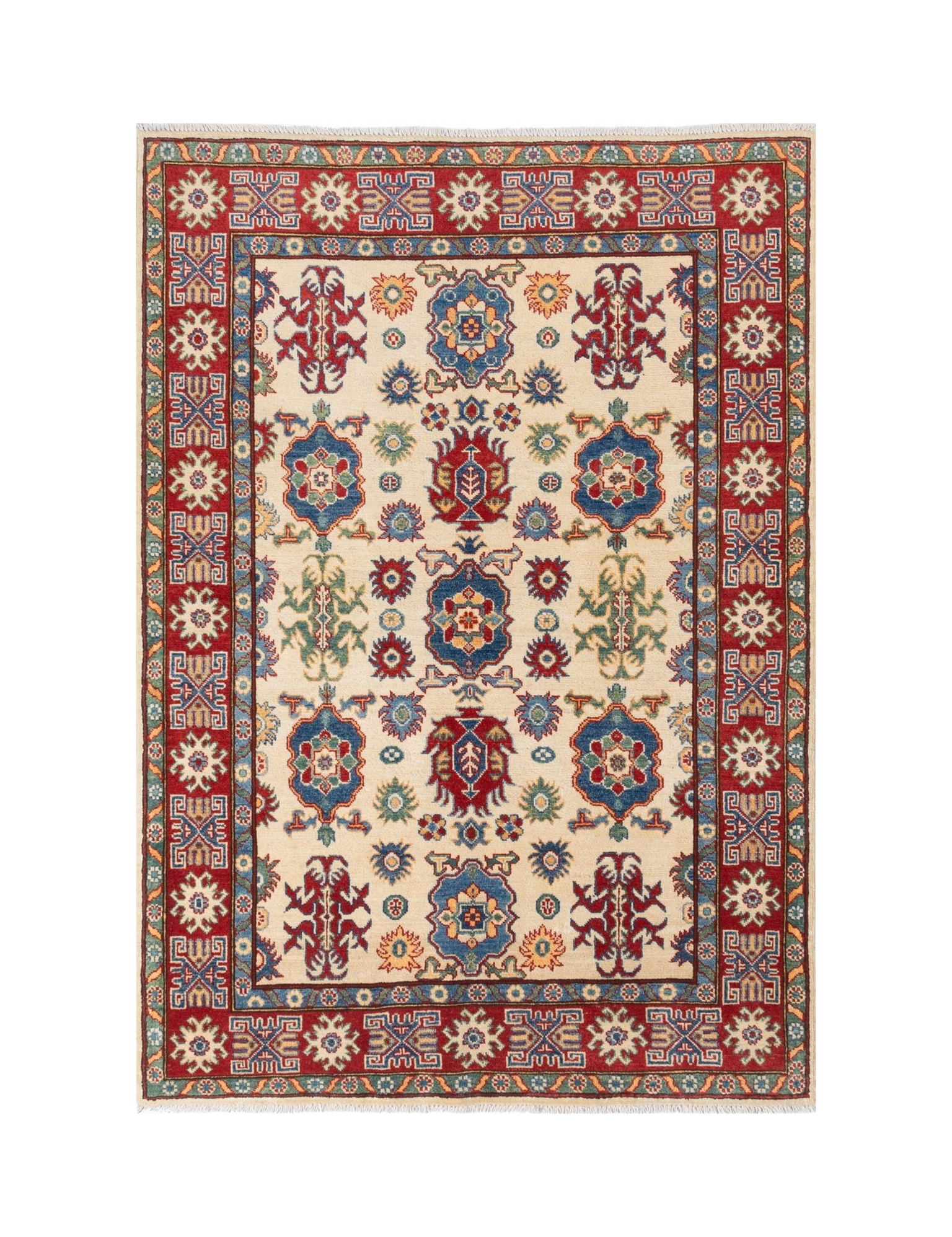Full front view of ivory & blue Kazak-inspired wool rug 19419.