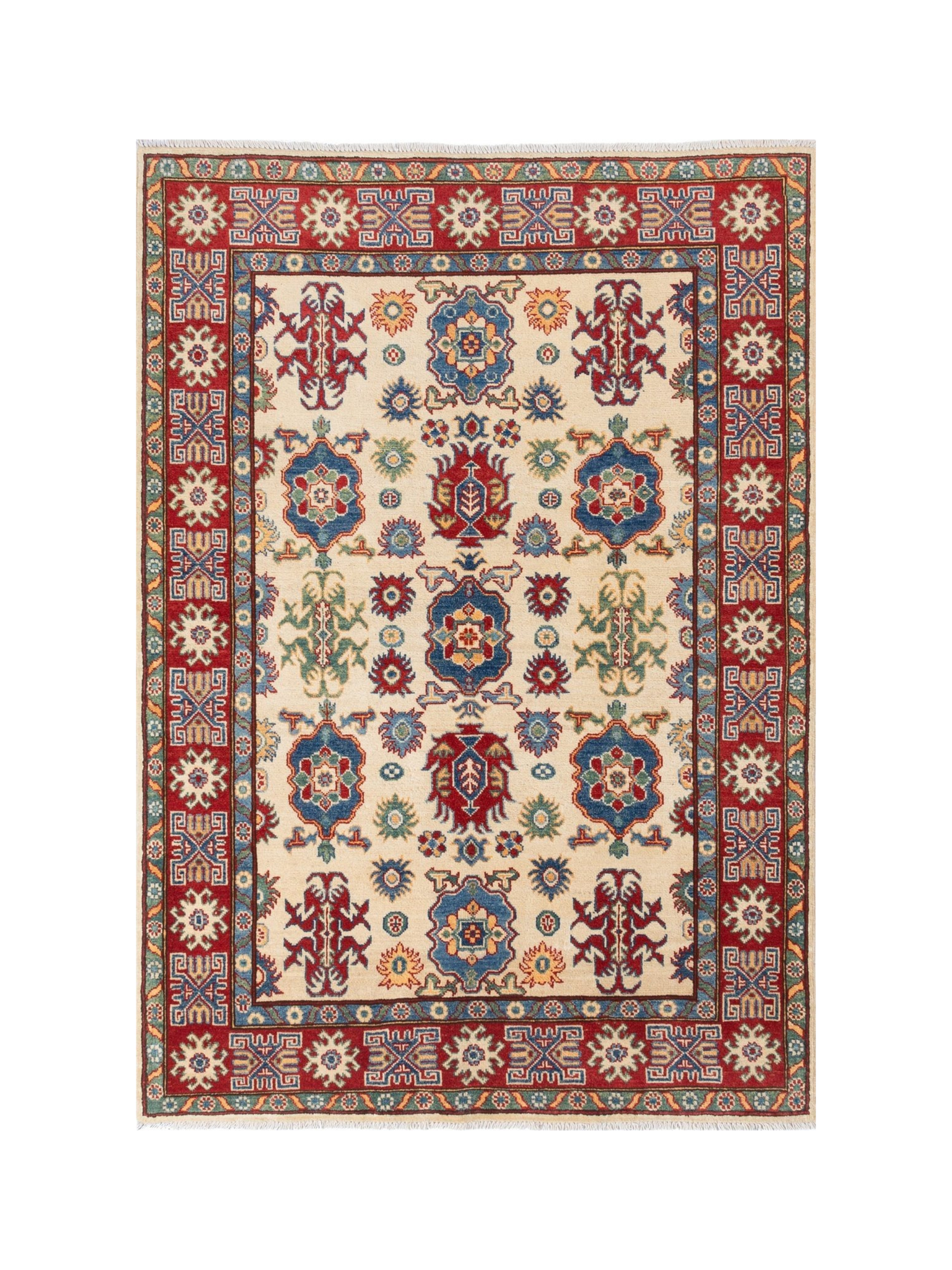 Full front view of ivory & blue Kazak-inspired wool rug 19419.