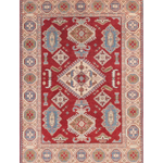 Full front view of red & blue Kazak-inspired wool rug 21422.