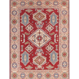 Full front view of red & blue Kazak-inspired wool rug 21422.