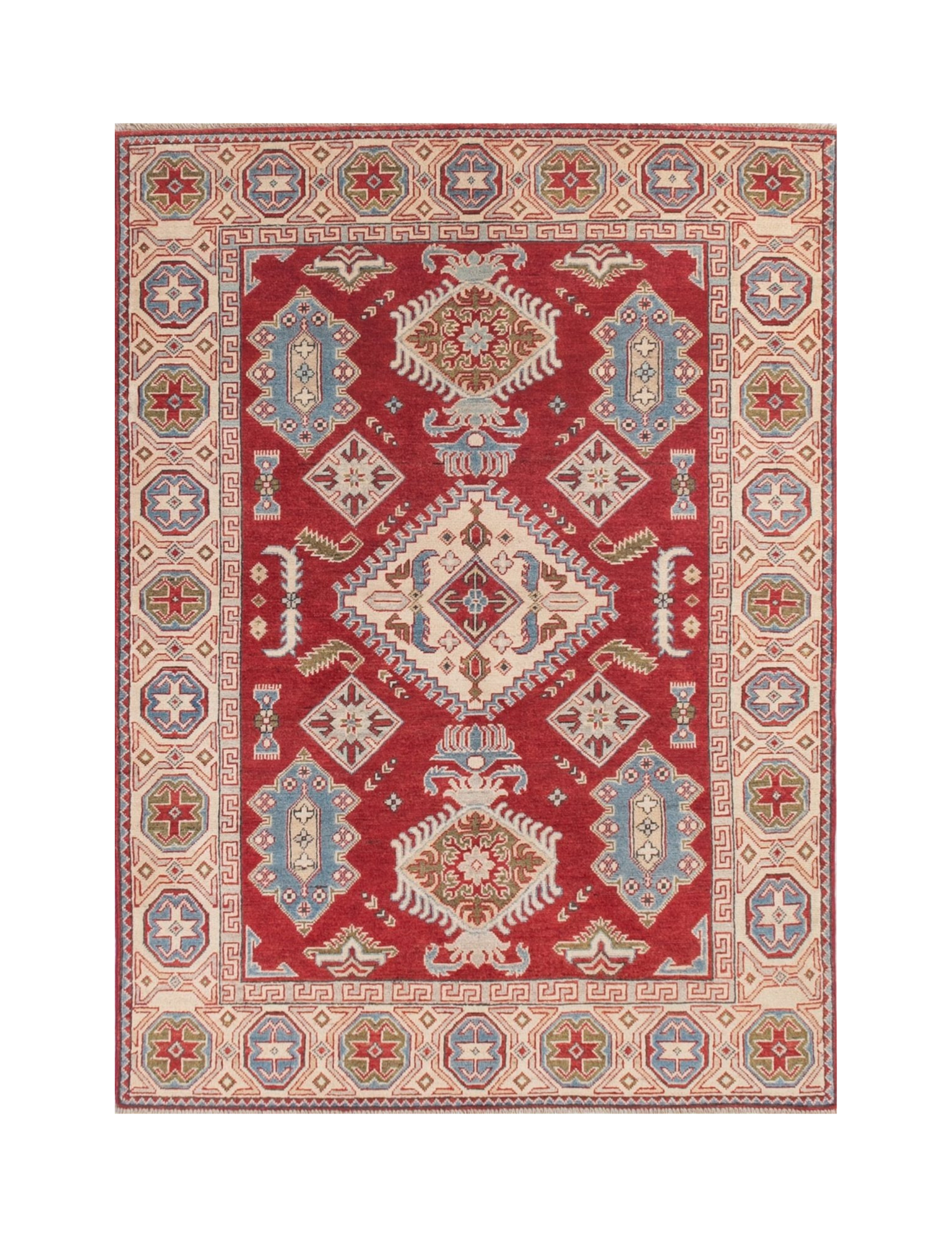 Full front view of red & blue Kazak-inspired wool rug 21422.