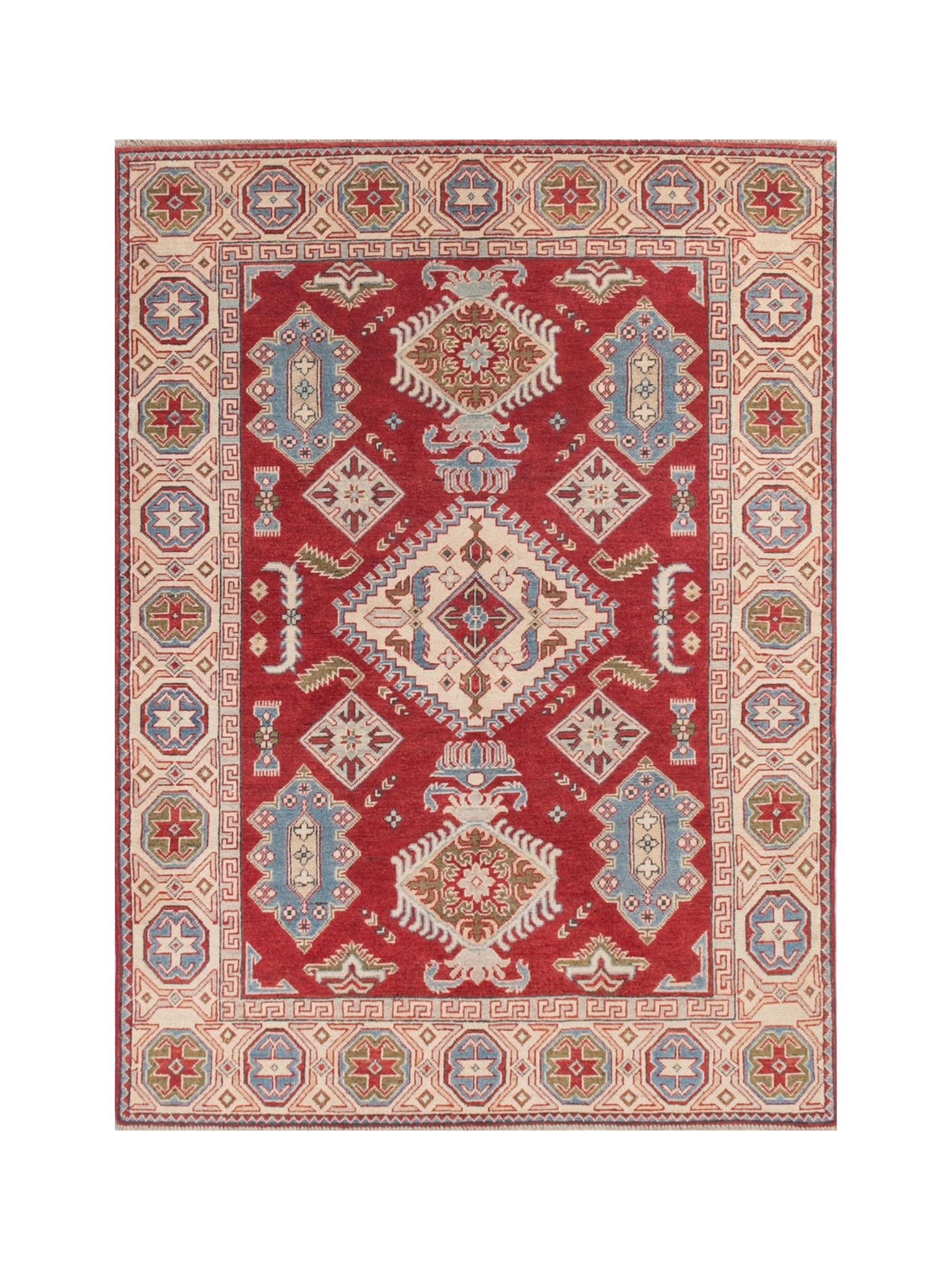 Full front view of red & blue Kazak-inspired wool rug 21422.