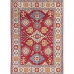 Full front view of red & blue Kazak-inspired wool rug 21473.