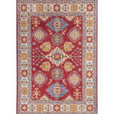 Full front view of red & blue Kazak-inspired wool rug 21473.