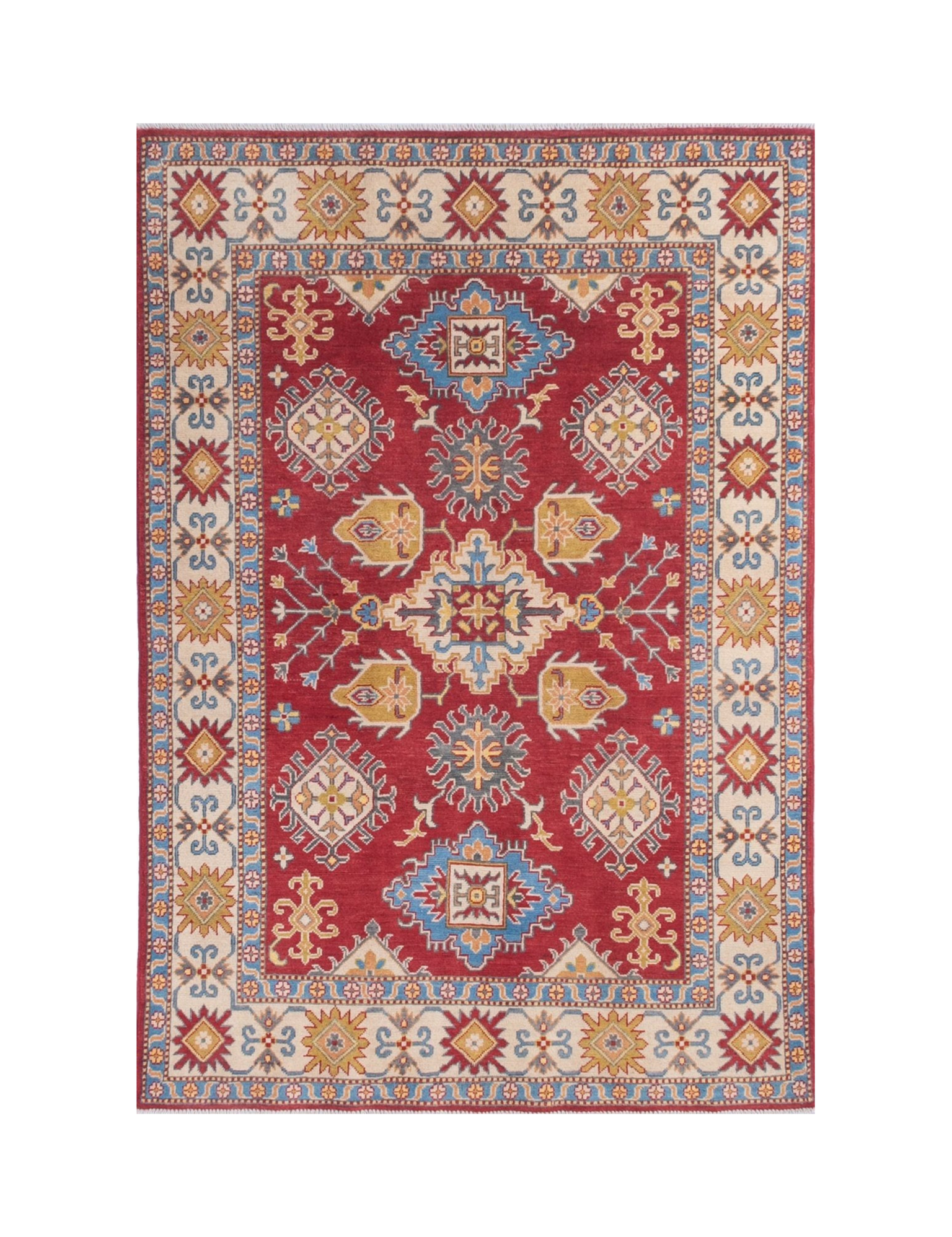 Full front view of red & blue Kazak-inspired wool rug 21473.
