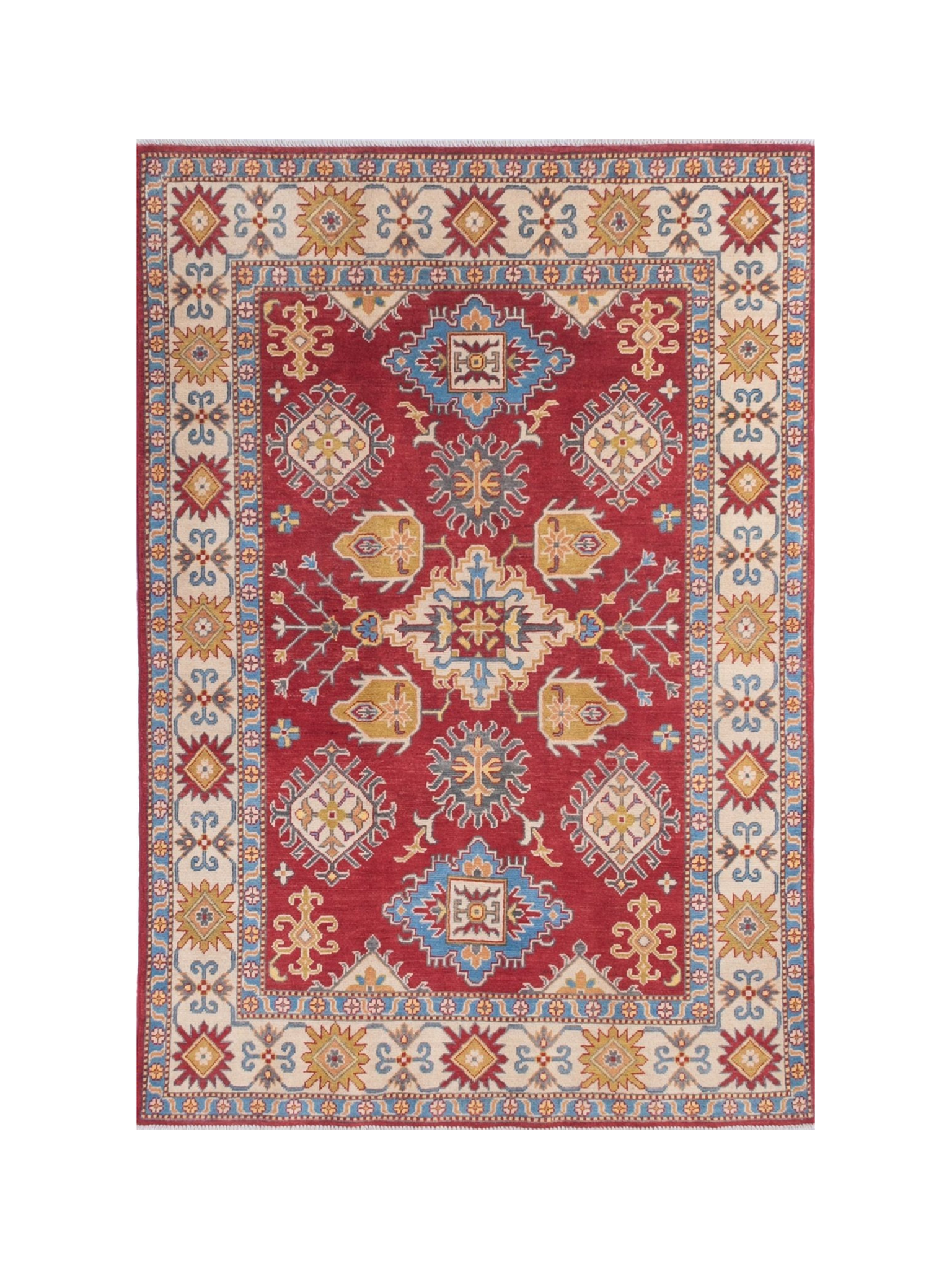 Full front view of red & blue Kazak-inspired wool rug 21473.