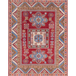 Full front view of red & blue Kazak-inspired wool rug 21474.