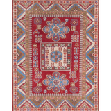 Full front view of red & blue Kazak-inspired wool rug 21474.