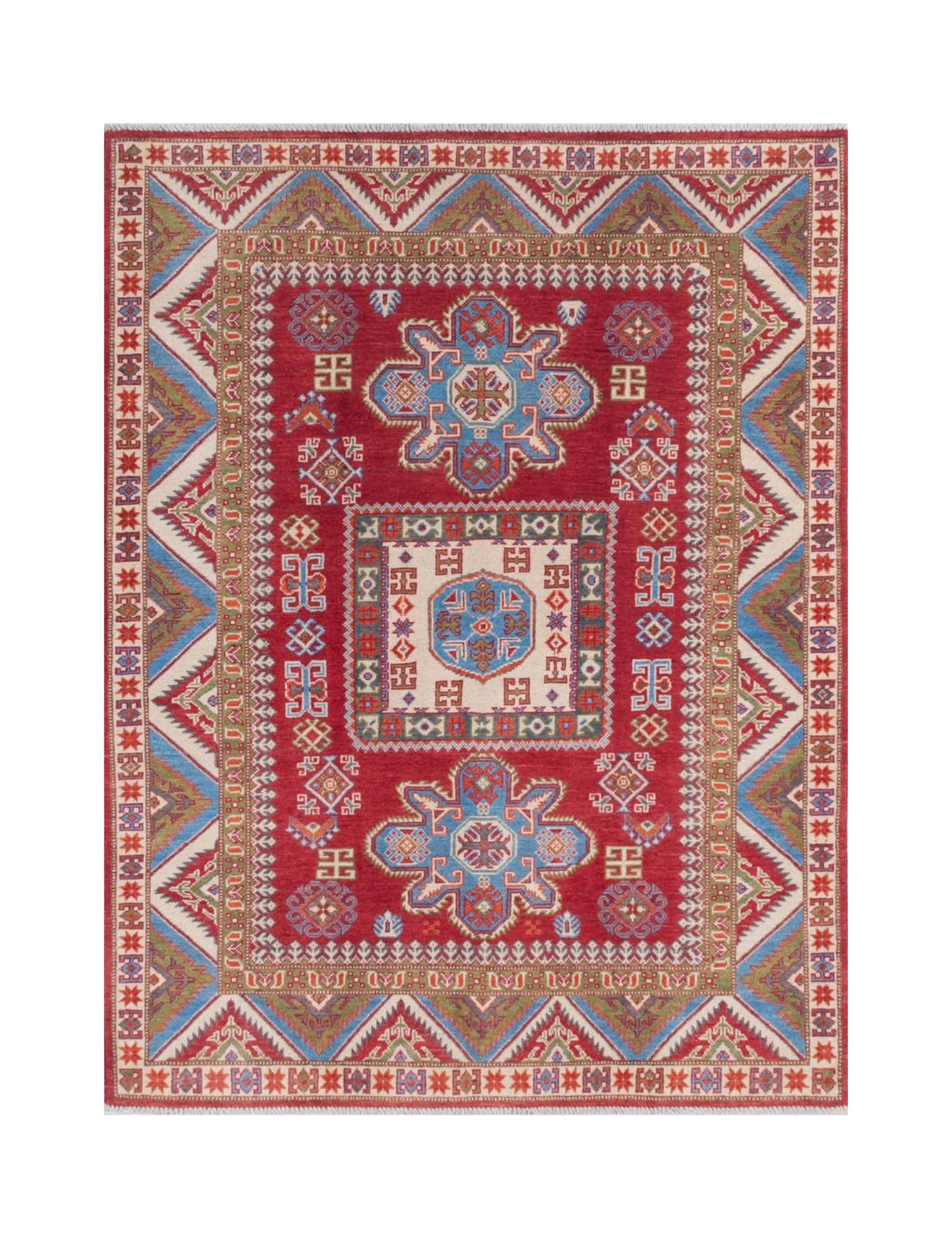 Full front view of red & blue Kazak-inspired wool rug 21474.