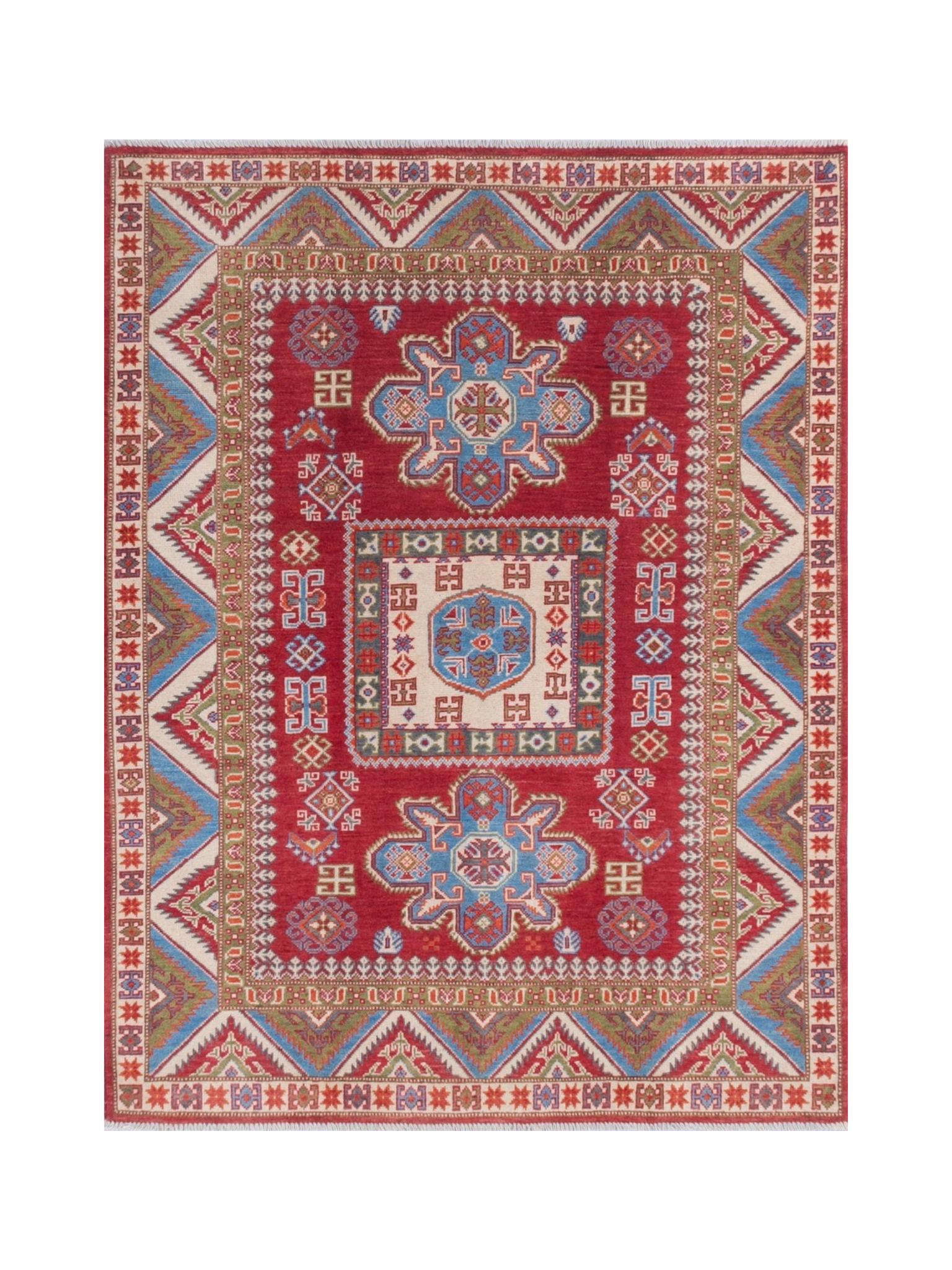 Full front view of red & blue Kazak-inspired wool rug 21474.