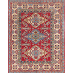 Full front view of red & green Kazak-inspired wool rug 21525.