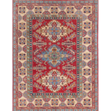 Full front view of red & green Kazak-inspired wool rug 21525.