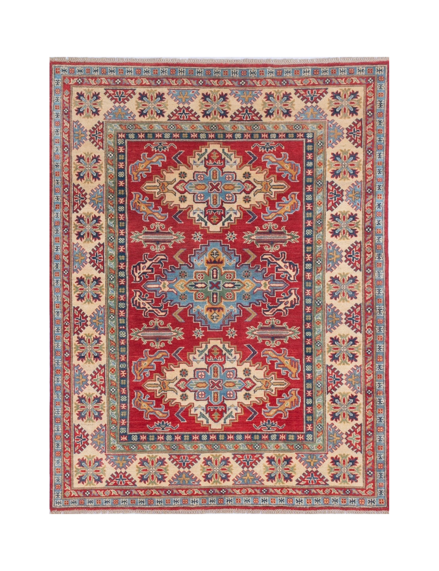 Full front view of red & green Kazak-inspired wool rug 21525.