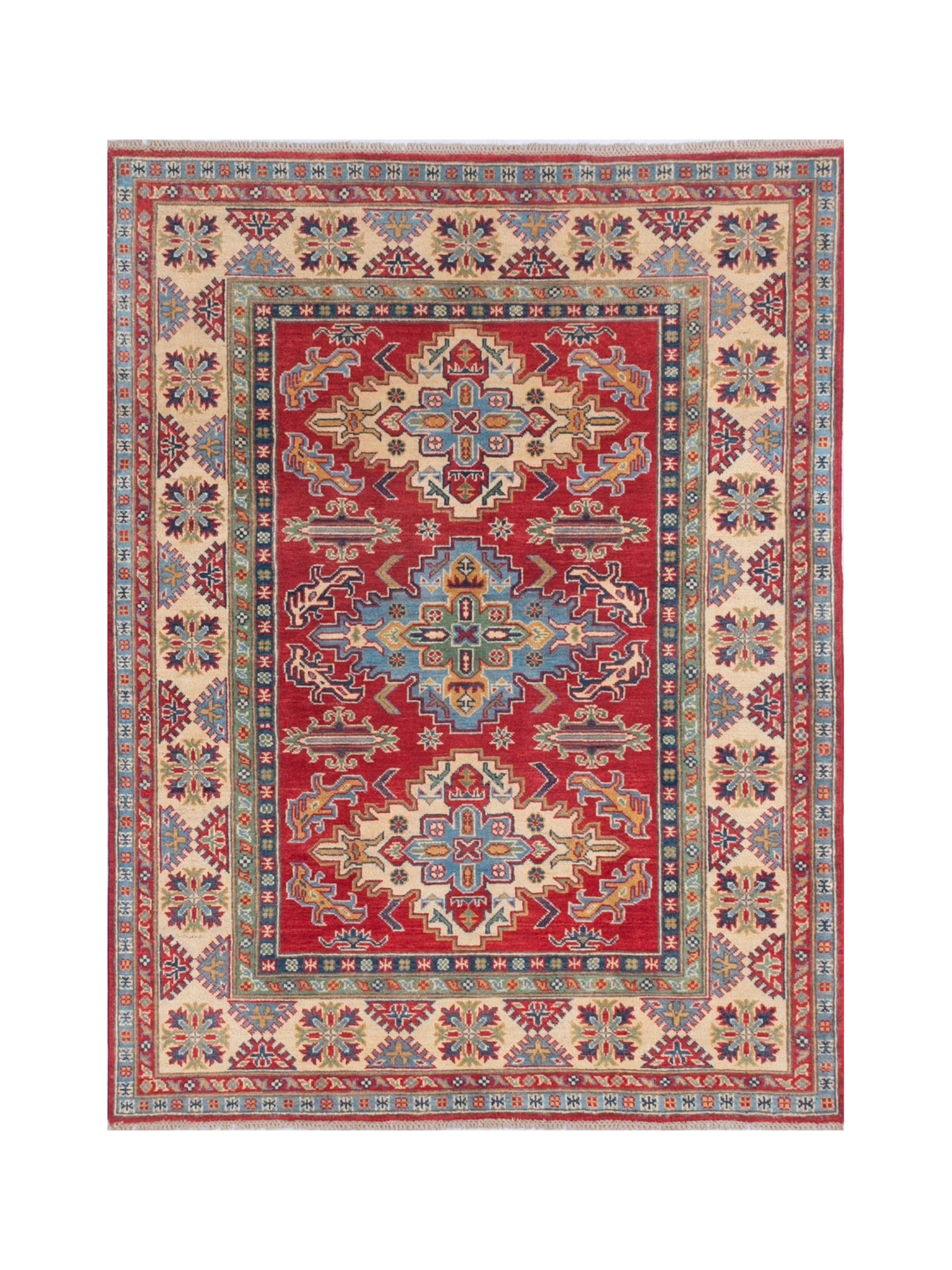 Full front view of red & green Kazak-inspired wool rug 21525.