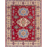 Full front view of red & blue Kazak-inspired wool rug 21543.