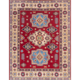 Full front view of red & blue Kazak-inspired wool rug 21543.