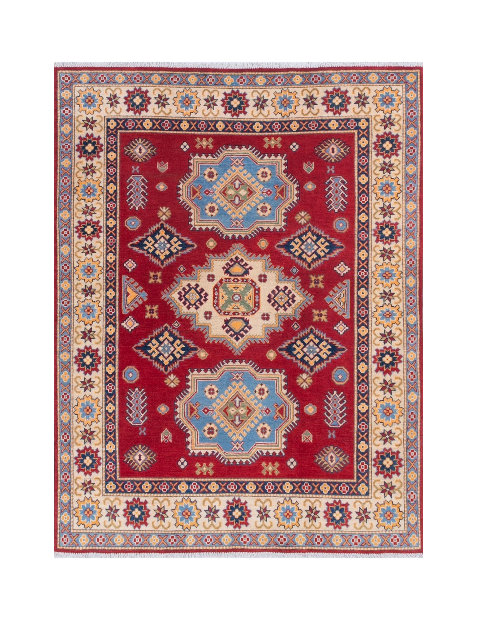 Full front view of red & blue Kazak-inspired wool rug 21543.