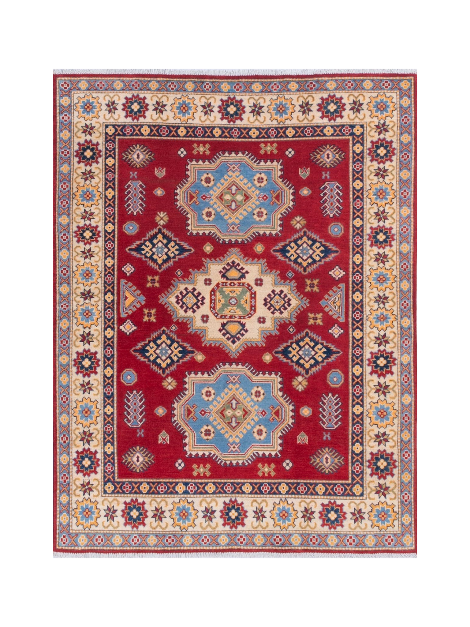 Full front view of red & blue Kazak-inspired wool rug 21543.