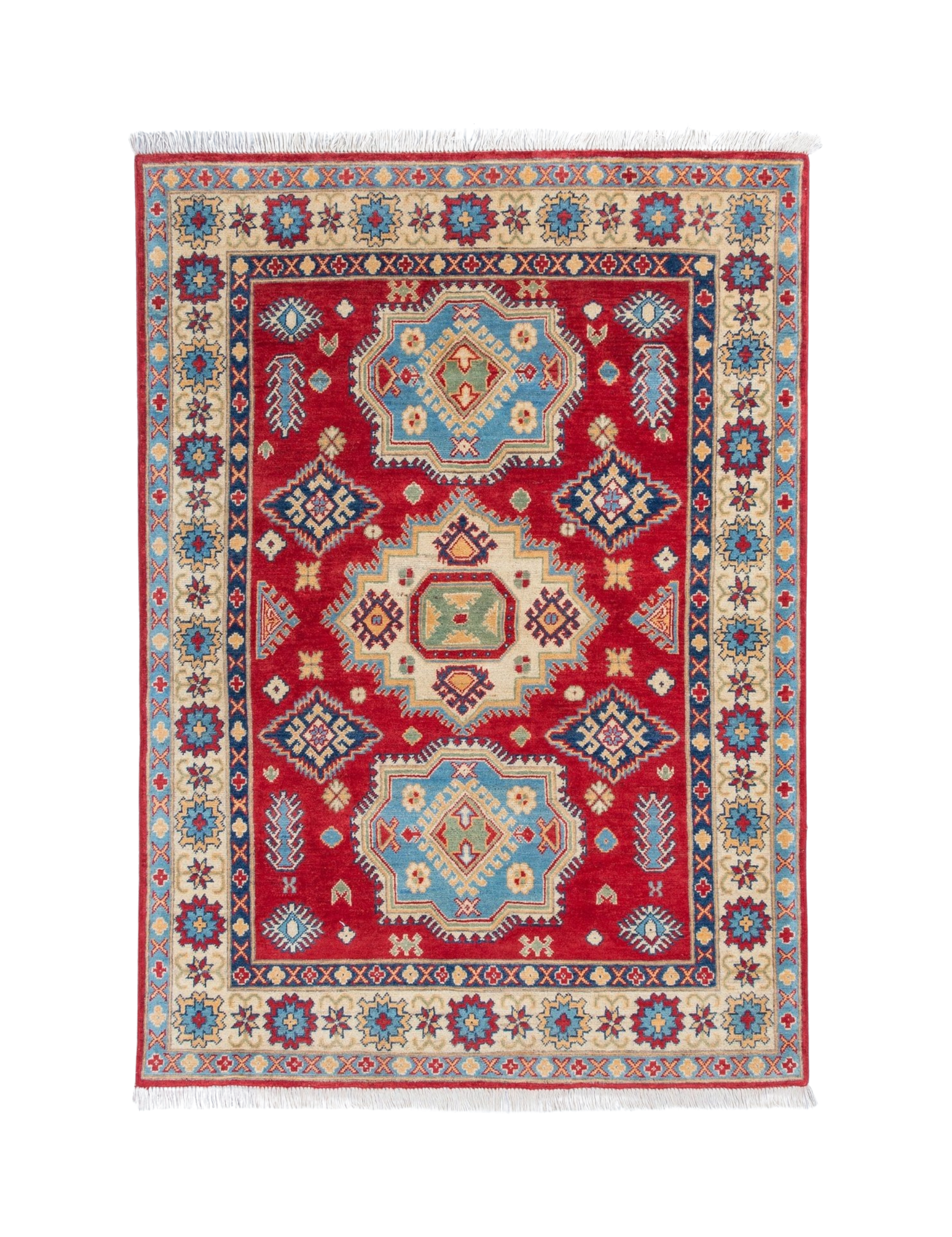 Full front view of red & blue Kazak-inspired wool rug 21982.