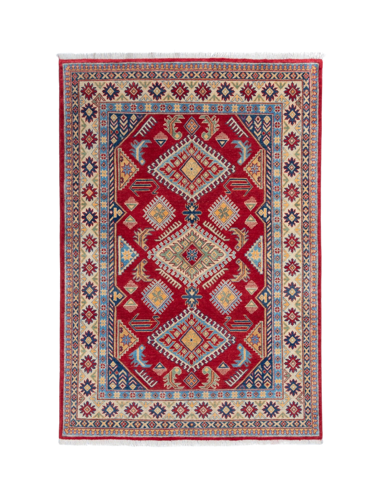Full front view of red & blue Kazak-inspired wool rug 21987.