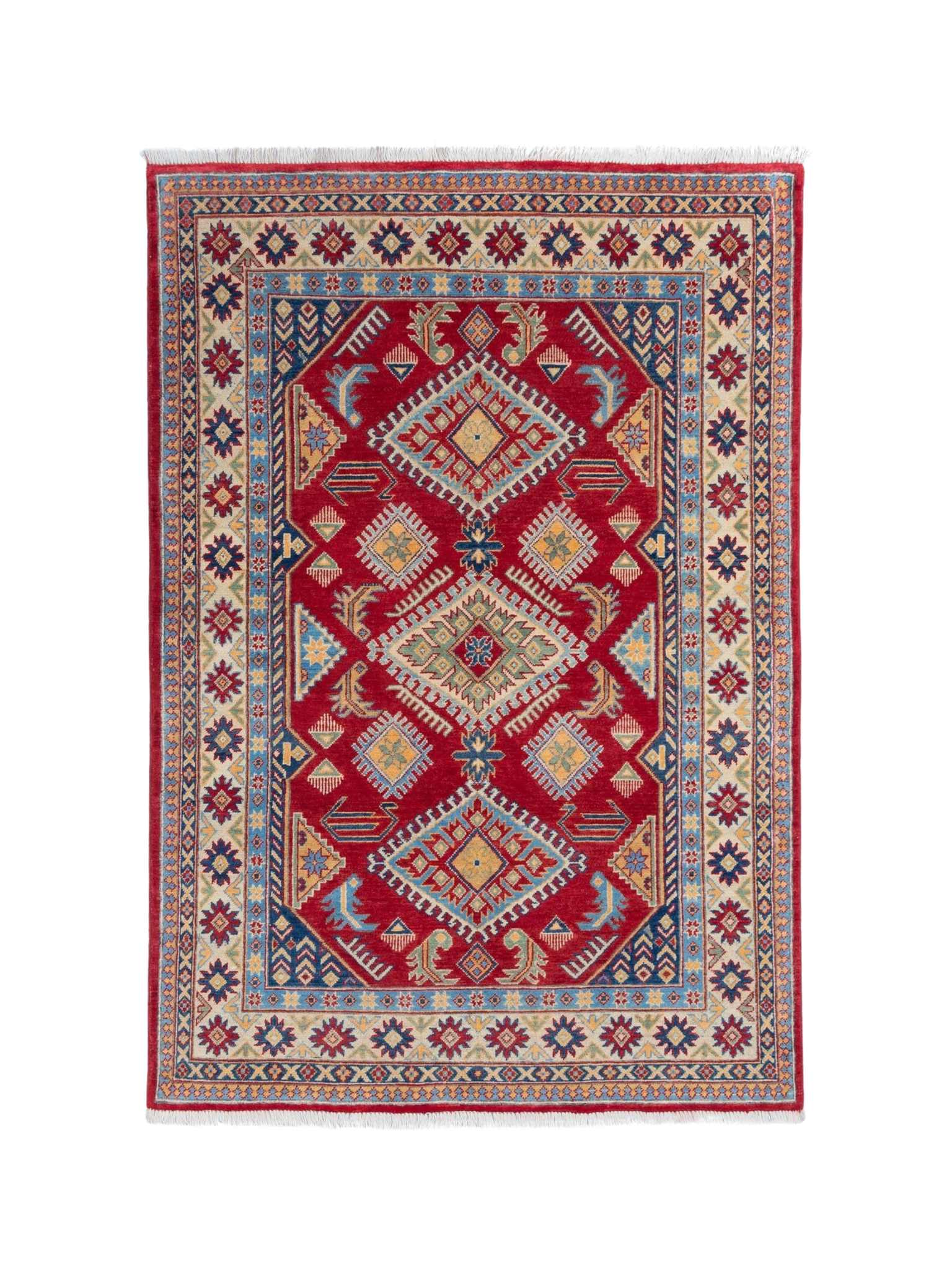 Full front view of red & blue Kazak-inspired wool rug 21987.