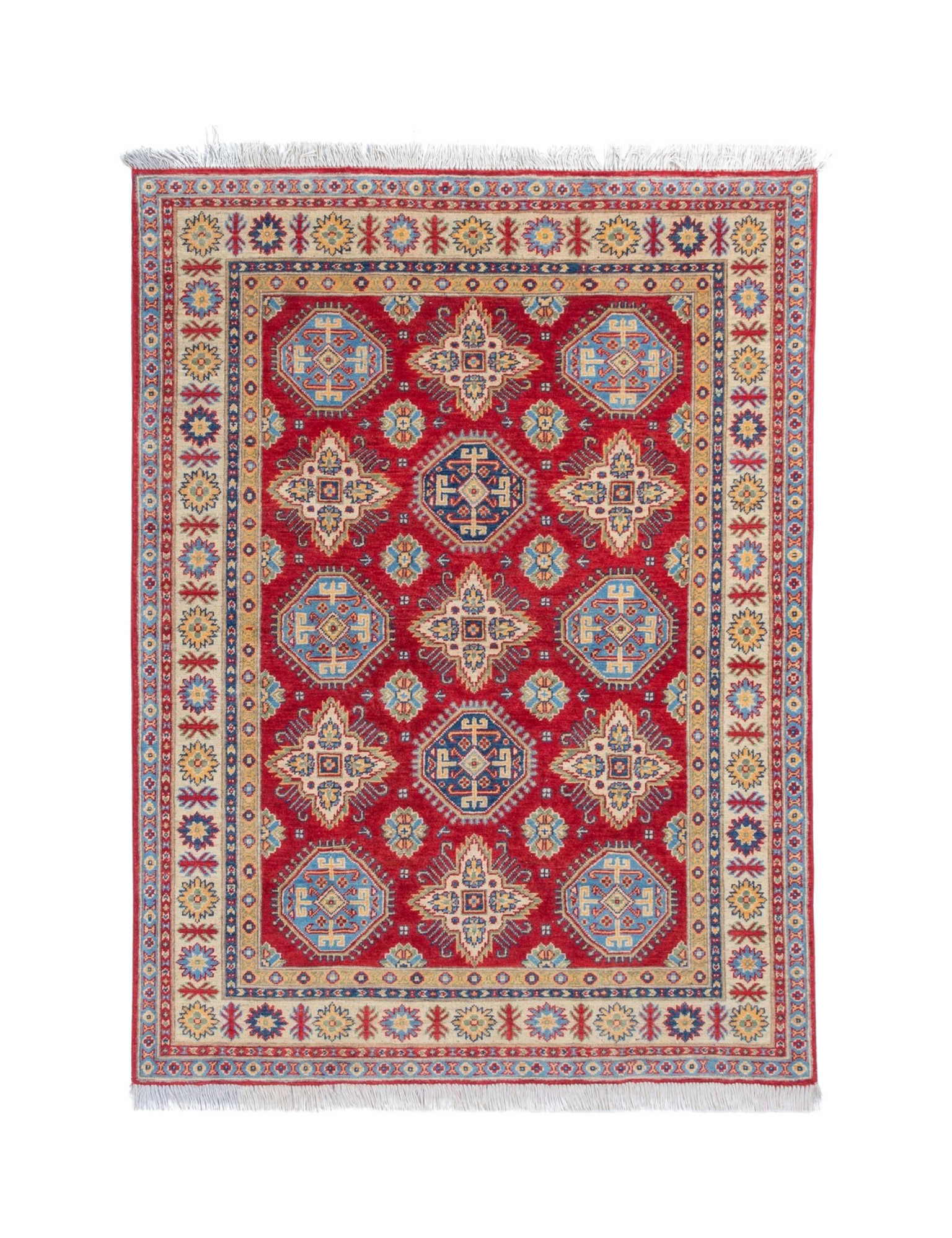 Full front view of red & blue Kazak-inspired wool rug 21988.