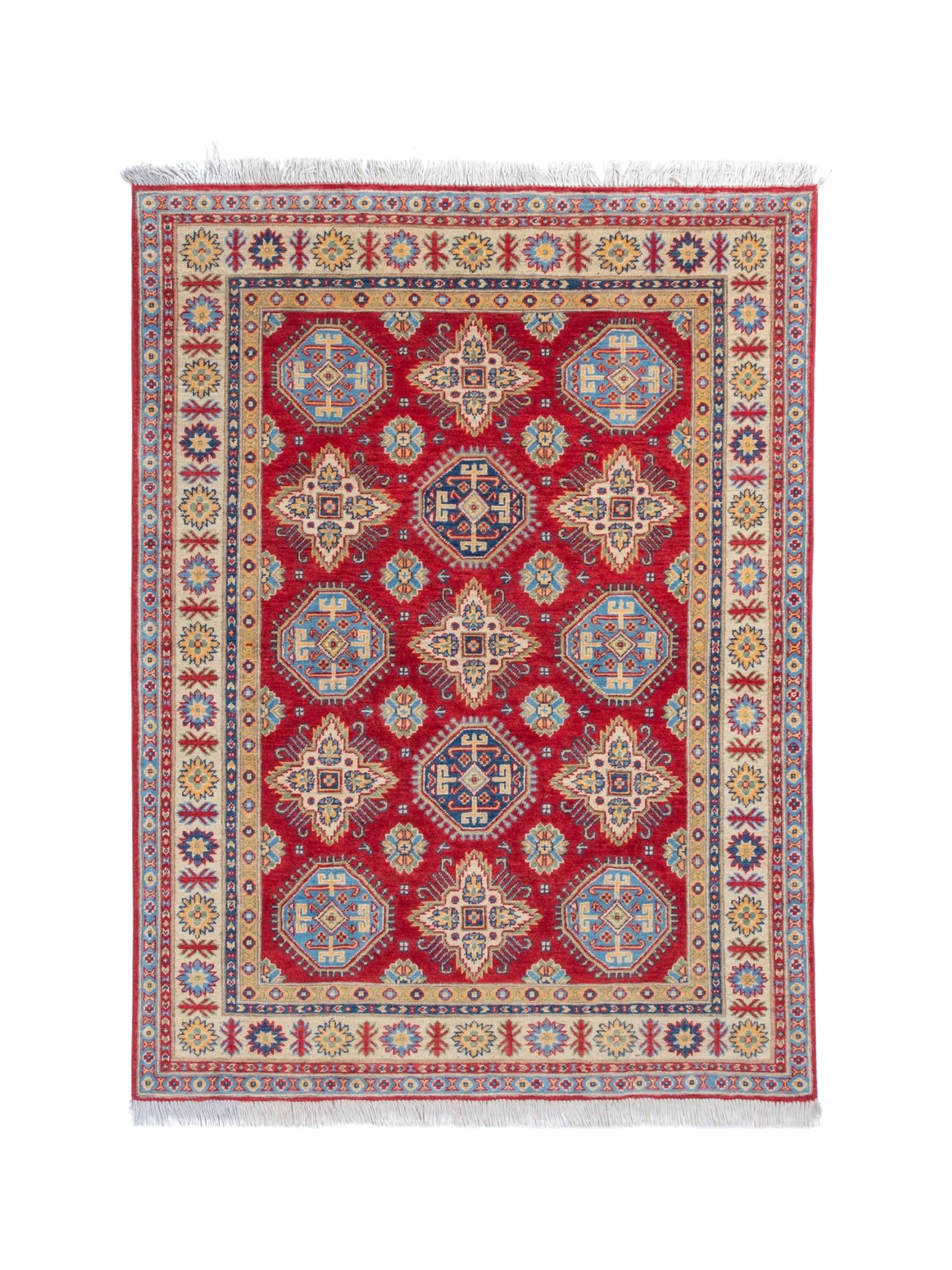 Full front view of red & blue Kazak-inspired wool rug 21988.