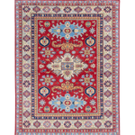 Full front view of red & ivory Kazak-inspired wool rug 21989.