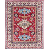 Full front view of red & ivory Kazak-inspired wool rug 21989.