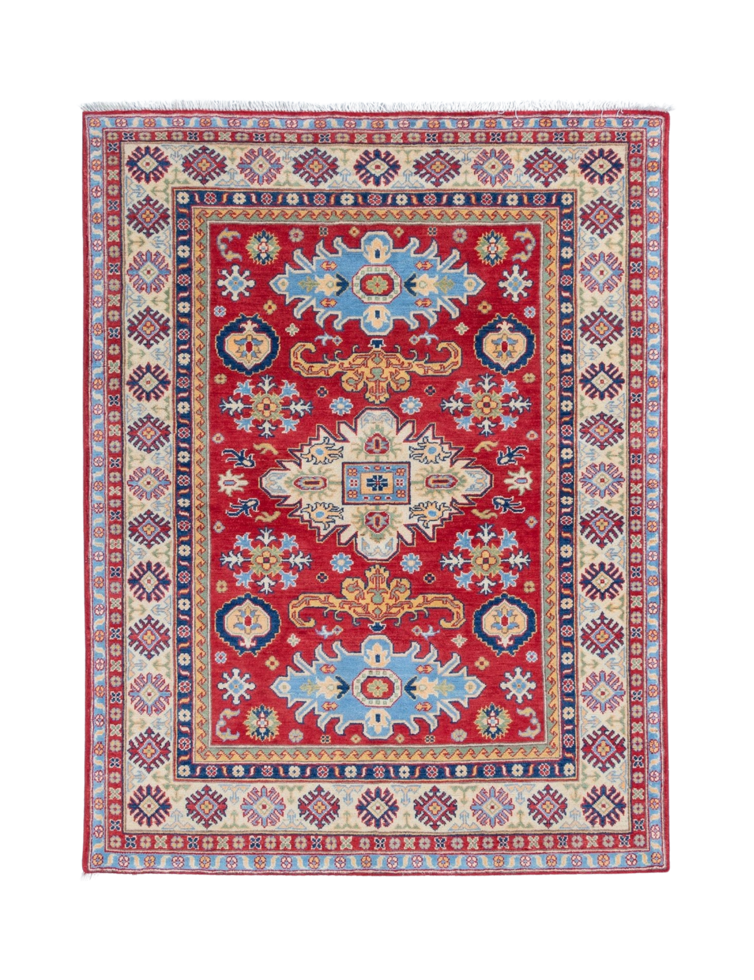 Full front view of red & ivory Kazak-inspired wool rug 21989.