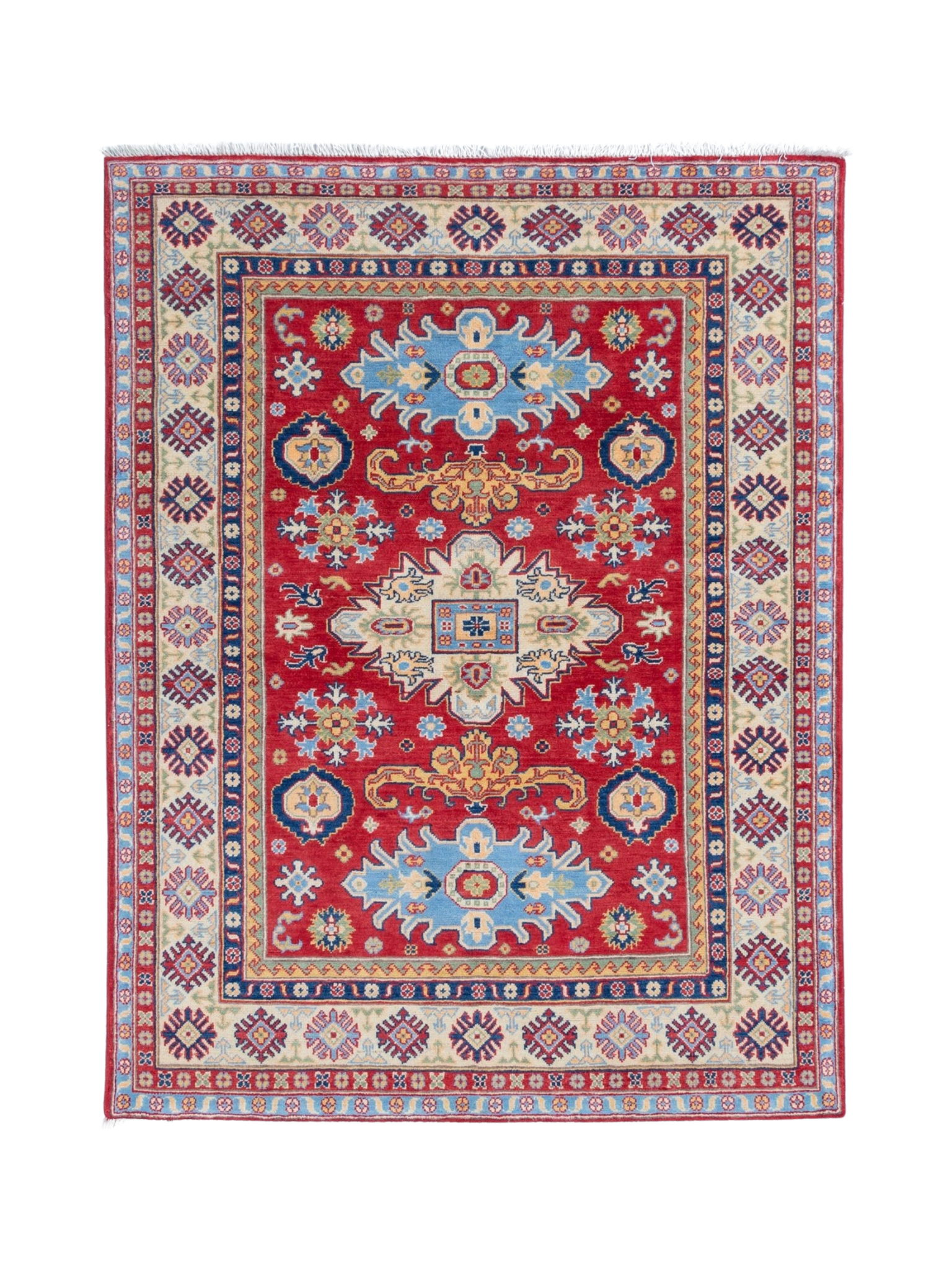 Full front view of red & ivory Kazak-inspired wool rug 21989.