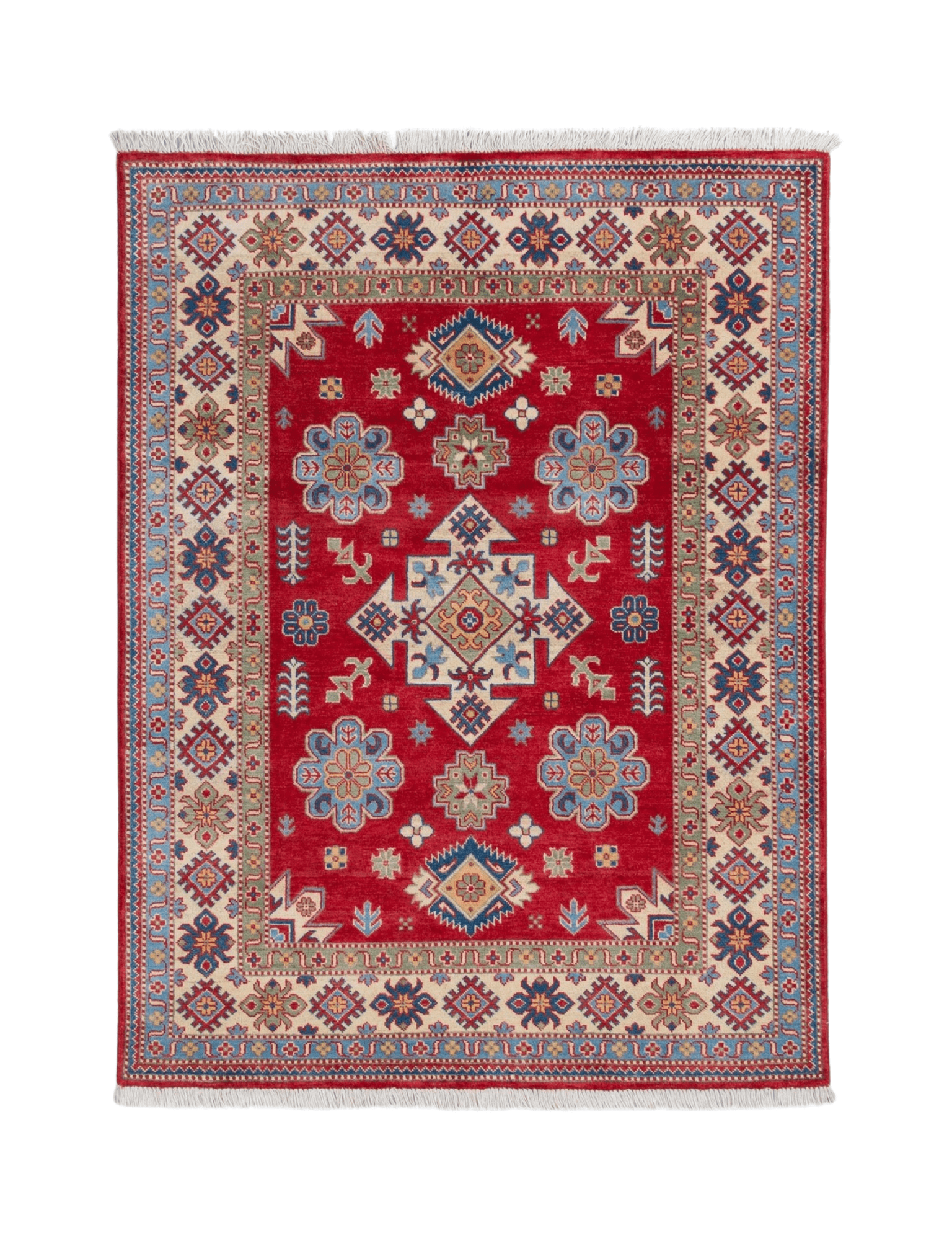 Full front view of red & ivory Kazak-inspired wool rug 21991.