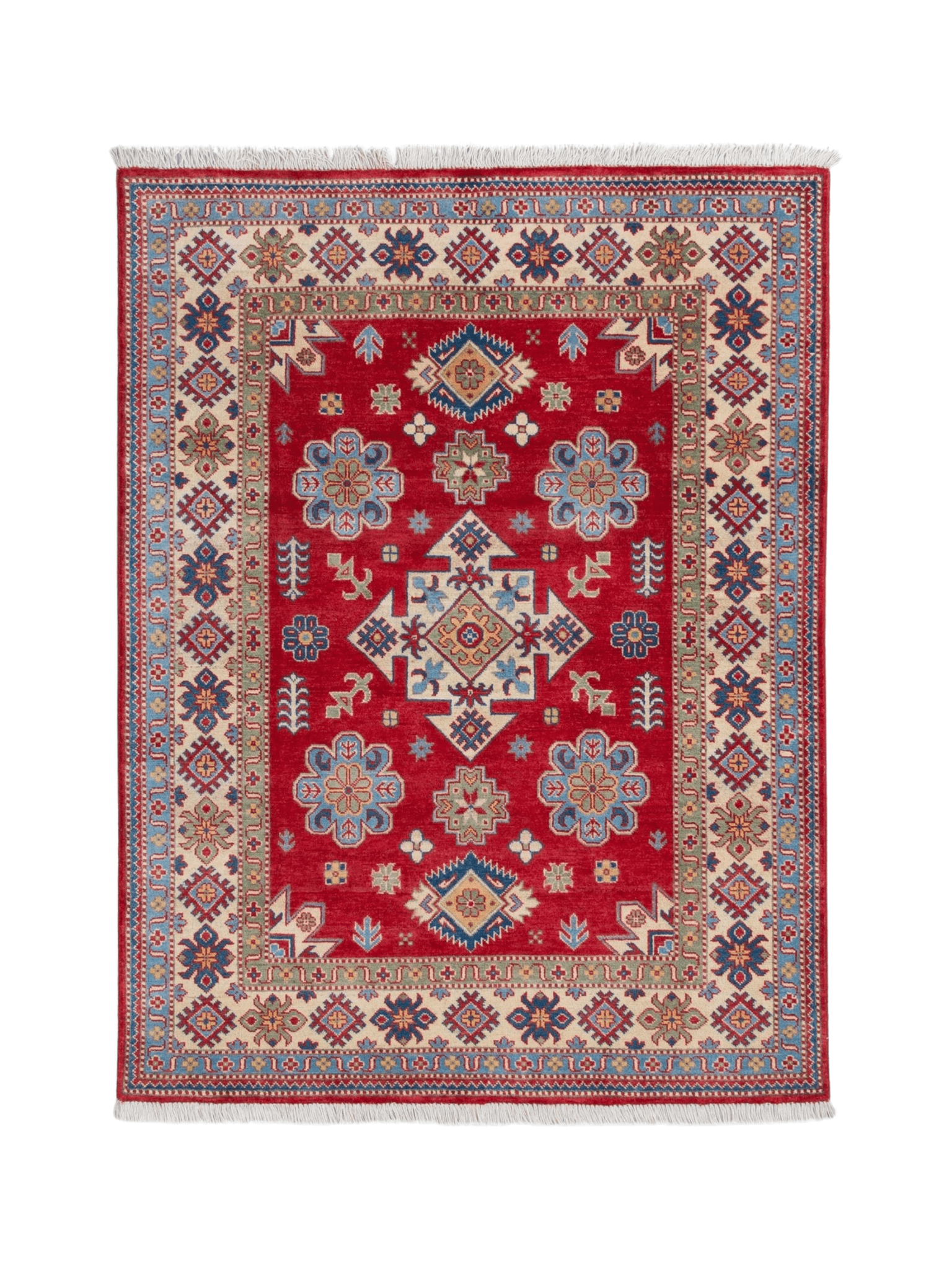 Full front view of red & ivory Kazak-inspired wool rug 21991.