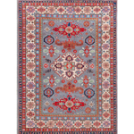 Full front view of blue & red Kazak-inspired wool rug 29345.