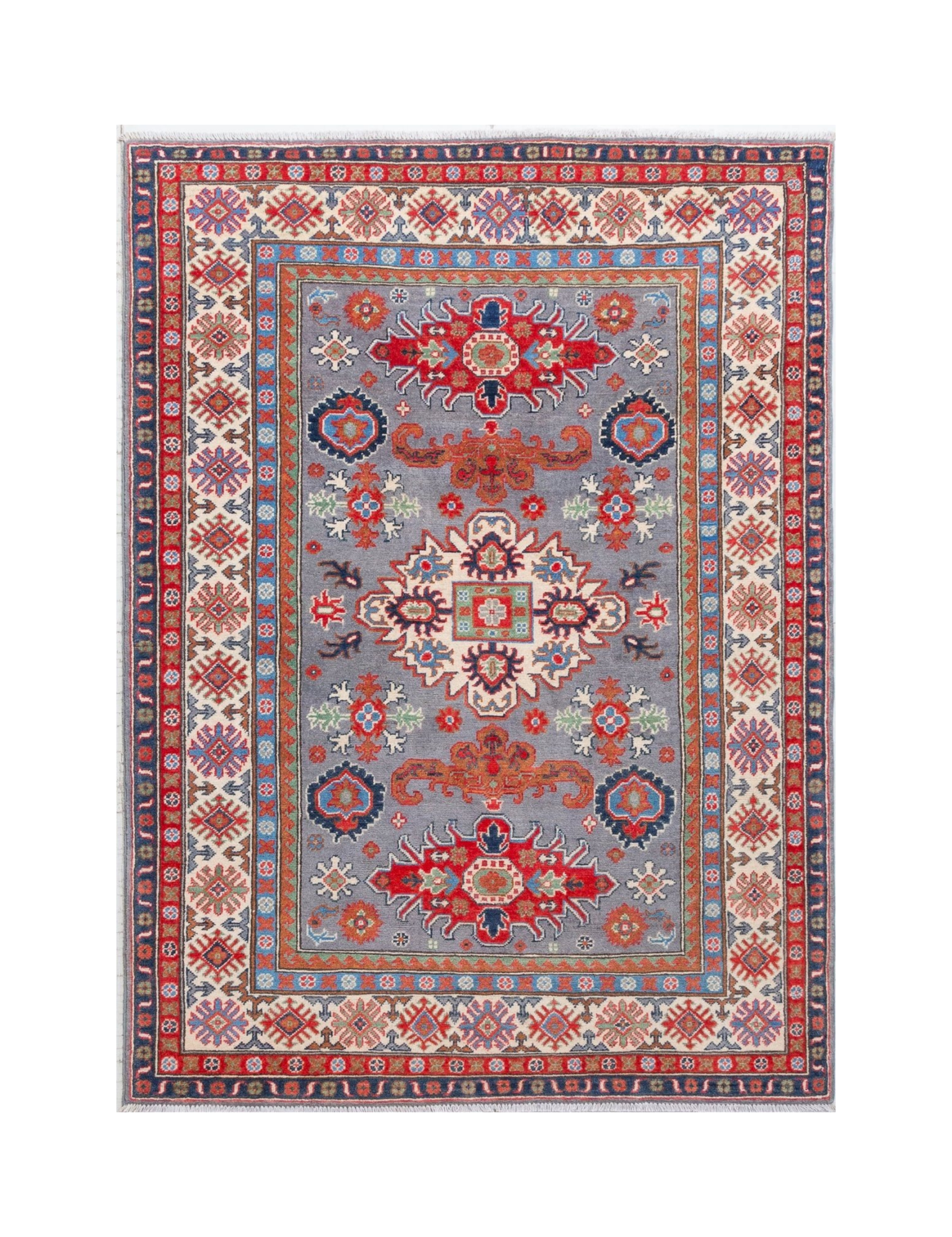 Full front view of blue & red Kazak-inspired wool rug 29345.